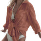 Cyenal Women's Olive Green Button Down Beach Cover-ups, Long Sleeve Tie-Front Shirts as Tops for Swimwear & Vacation Outfits