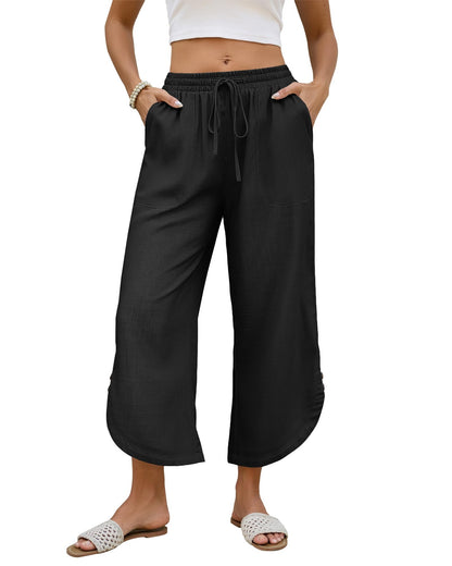 Cyenaly Women's Black Wide Leg Cropped Pants – Casual Loose Fit Drawstring Trousers with Pockets, Comfy Loungewear and Yoga pants for Summer.