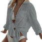 Cyenal Women's Olive Green Button Down Beach Cover-ups, Long Sleeve Tie-Front Shirts as Tops for Swimwear & Vacation Outfits