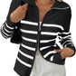 Cyenaly Women's Striped Zip Up Knit Cardigan Sweater Casual Long Sleeve Ribbed Top with Pockets
