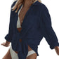 Cyenal Women's Olive Green Button Down Beach Cover-ups, Long Sleeve Tie-Front Shirts as Tops for Swimwear & Vacation Outfits