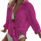 Cyenal Women's Olive Green Button Down Beach Cover-ups, Long Sleeve Tie-Front Shirts as Tops for Swimwear & Vacation Outfits