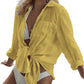 Cyenal Women's Olive Green Button Down Beach Cover-ups, Long Sleeve Tie-Front Shirts as Tops for Swimwear & Vacation Outfits