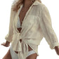 Cyenal Women's Olive Green Button Down Beach Cover-ups, Long Sleeve Tie-Front Shirts as Tops for Swimwear & Vacation Outfits