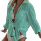 Cyenal Women's Olive Green Button Down Beach Cover-ups, Long Sleeve Tie-Front Shirts as Tops for Swimwear & Vacation Outfits