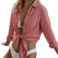 Cyenal Women's Olive Green Button Down Beach Cover-ups, Long Sleeve Tie-Front Shirts as Tops for Swimwear & Vacation Outfits