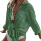 Cyenal Women's Olive Green Button Down Beach Cover-ups, Long Sleeve Tie-Front Shirts as Tops for Swimwear & Vacation Outfits
