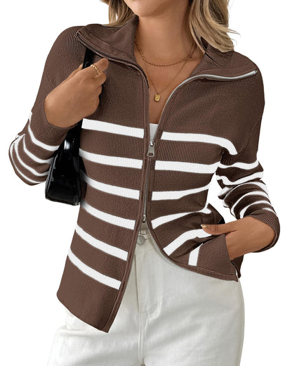 Cyenaly Women's Striped Zip Up Knit Cardigan Sweater Casual Long Sleeve Ribbed Top with Pockets
