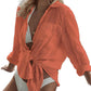 Cyenal Women's Olive Green Button Down Beach Cover-ups, Long Sleeve Tie-Front Shirts as Tops for Swimwear & Vacation Outfits