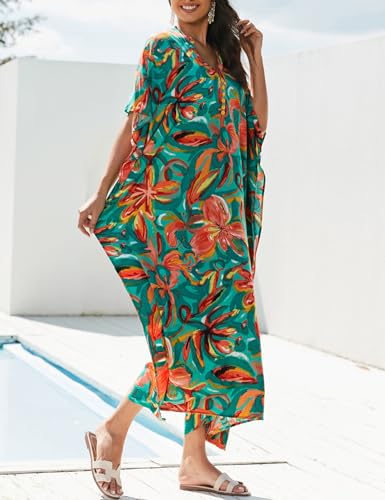 Phagun Green Floral Mughal Short Caftan Dress - Beach Cover Up, Kimono Sleeves, Lightweight Polyester Georgette, 38" Length