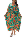 Floral Print Green V-Neck Kaftan Dress Bathing Suit Cover-Up
