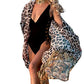Leopard Print Short Sleeve Kimono Women's Swimwear Cover Up