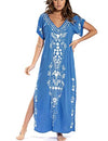 Embroidered V-Neck Swimsuit Cover Up Short Sleeve Beach Kaftan