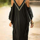 V Neck Embroidered Kaftan Cold Shoulder Beach Cover Up"