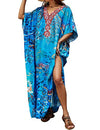 Women's Blue V-Neck Ethnic Print Caftan: Beach Cover-Up