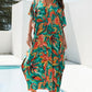 Floral Print Green V-Neck Kaftan Dress Bathing Suit Cover-Up