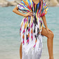 V-Neck Colorful Print Beach Kaftan Dress with Drawstring Belt