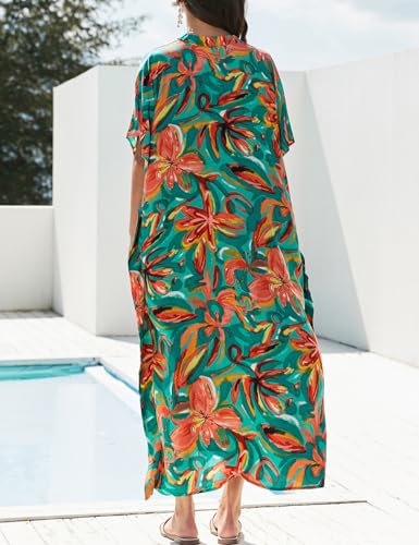 Floral Print Green V-Neck Kaftan Dress Bathing Suit Cover-Up