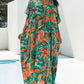 Floral Print Green V-Neck Kaftan Dress Bathing Suit Cover-Up