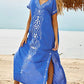 Embroidered V-Neck Swimsuit Cover Up Short Sleeve Beach Kaftan