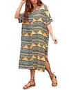 V Neck Print Plus Size Beach Kaftan Swimsuit Cover Up