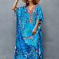 Women's Blue V-Neck Ethnic Print Caftan: Beach Cover-Up